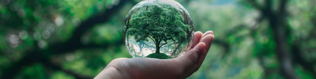 La palla di cristallo in mano riflette il paesaggio della foresta verde e lussureggiante