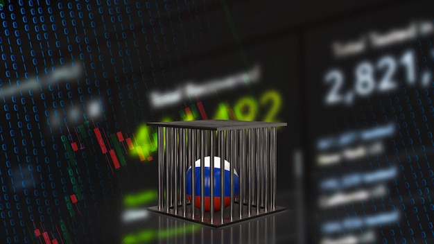 La palla russa in gabbia per il concetto di sanzione 3d renderingxA