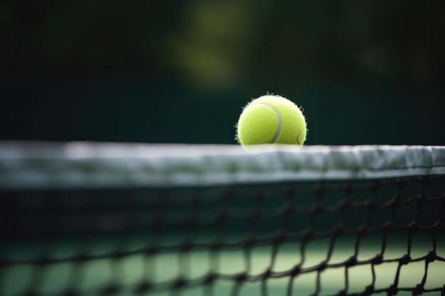 La pallina da tennis vola sopra una rete da tennis da vicino