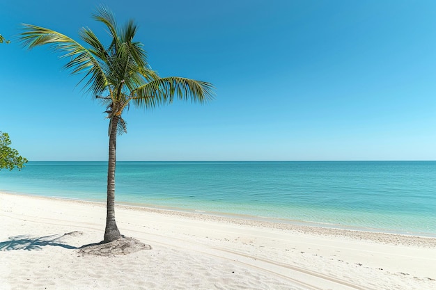 La palma si erge sulla riva sabbiosa del bellissimo mare azzurro sfondo per le vacanze esotiche estive