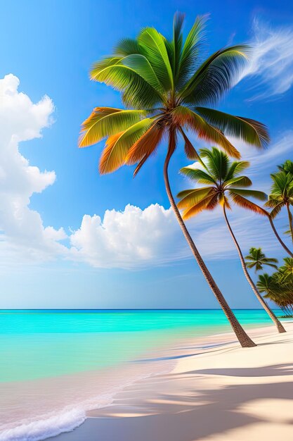La palma tropicale della spiaggia lascia l'albero di cocco che ondeggia nel vento sul fondo di estate del cielo azzurro chiaro