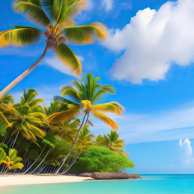 La palma tropicale della spiaggia lascia l'albero di cocco che ondeggia nel vento sul fondo di estate del cielo blu