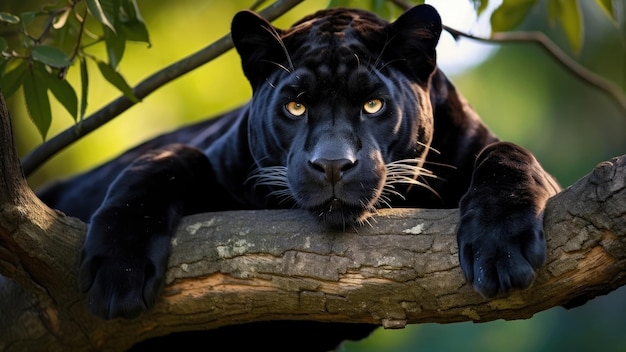 La pantera nera si trova su un ramo di un albero