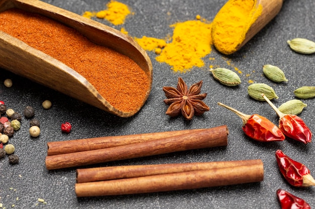 La paprika e la curcuma macinate in una paletta di legno