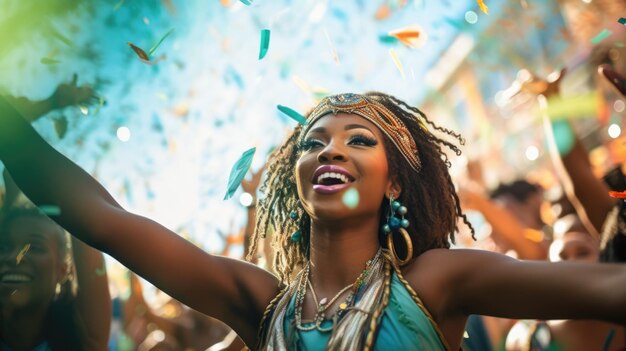 la parata del carnevale con persone vestite con costumi colorati confetti che galleggiano intorno