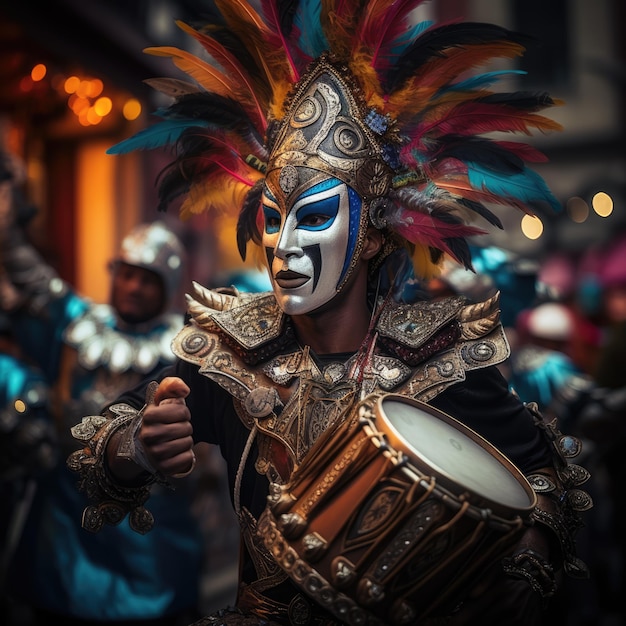 la parata del carnevale con persone vestite con costumi colorati confetti che galleggiano intorno