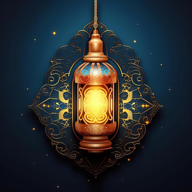 la parola araba ramadan kareem con lanterna splendente su sfondo blu nello stile della marina scura