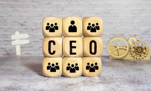 La parola CEO chief executive officer su cubi di legno su sfondo giallo