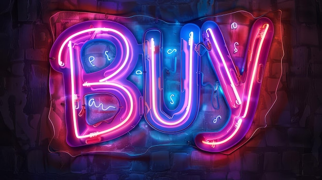 La parola "comprare" creata nella calligrafia al neon