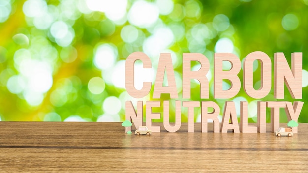 La parola di neutralità del carbonio del legno per il rendering 3d del concetto di eco o ecologia