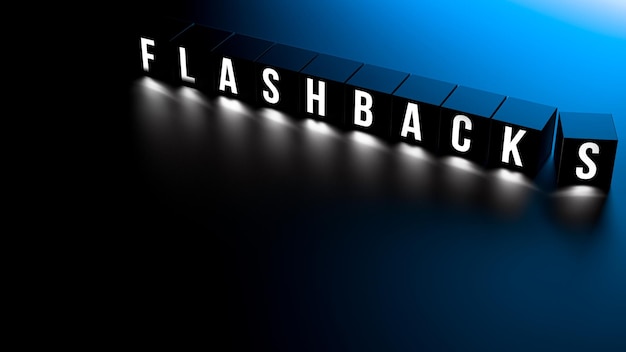 La parola illuminata al neon di Flashback su cubi con spazio di copiaFlashback concept 3D render