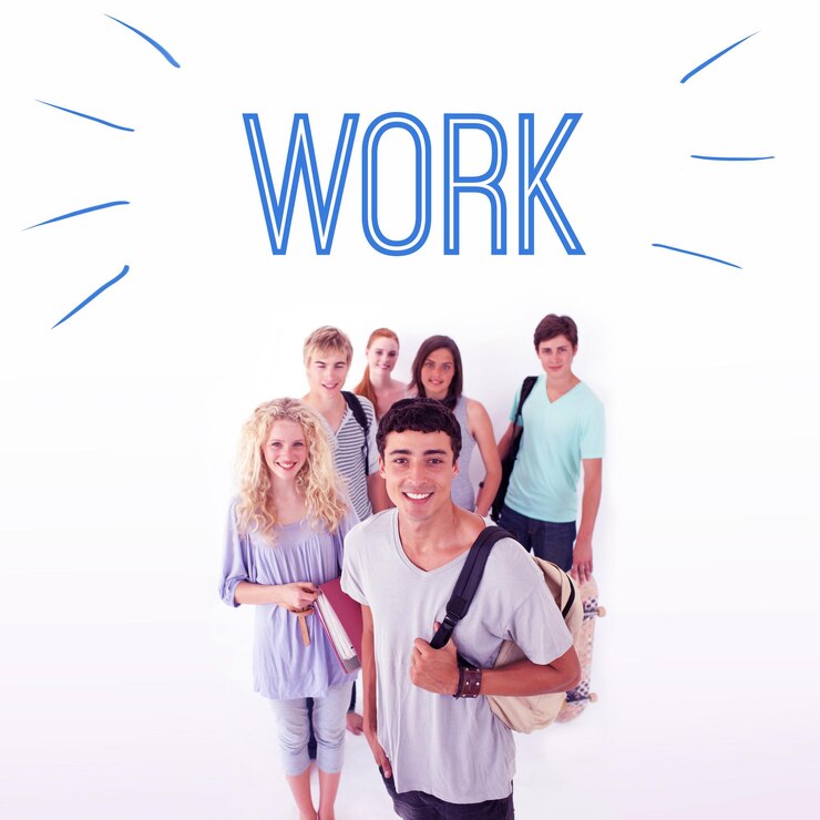 Foto la parola lavoro contro gli studenti sorridenti