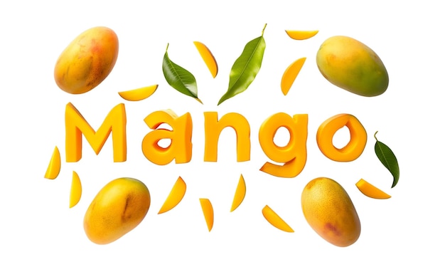 La parola Mango composta da manghi gialli interi isolati su uno sfondo trasparente