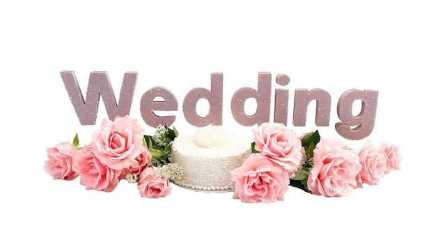 La parola matrimonio composta da un anello un bouquet una torta in miniatura isolata su uno sfondo trasparente