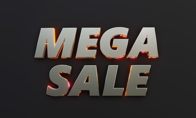 La parola Mega Sale è scritta su sfondo scuro con effetto cinematografico e neon. Rappresentazione 3D