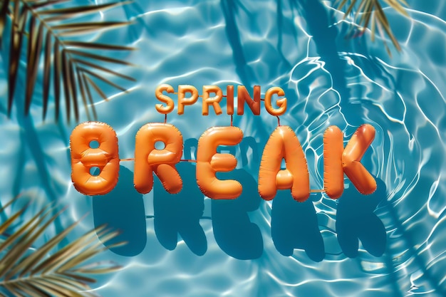 La parola vacanza di primavera scritta in una piscina gonfiabile galleggia in una piscina per le vacanze estive
