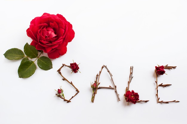 La parola vendita è composta da ramoscelli e piccole rose e un bocciolo di rosa rosso su sfondo bianco