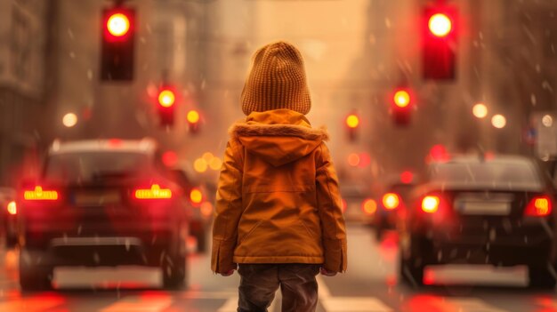 La parte posteriore del bambino sulla strada sul passaggio pedonale al semaforo rosso in auto della città sullo sfondo bambino sognante andare thr