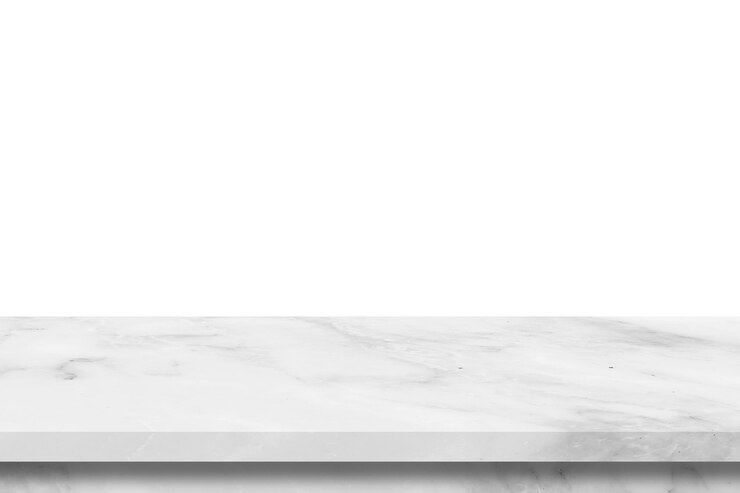 La parte superiore vuota del tavolo in pietra di marmo bianco su sfondo bianco può essere utilizzata per l'esposizione del prodotto