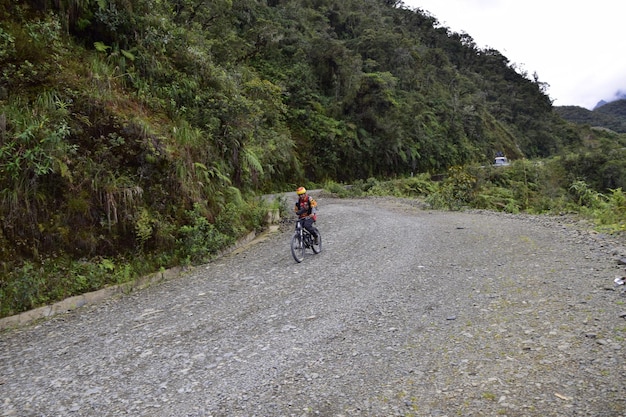 La PazCoroico Bolivia 29 gennaio 2017 Ciclista sulla strada della morte Yungas North Road tra La Paz e Coroico