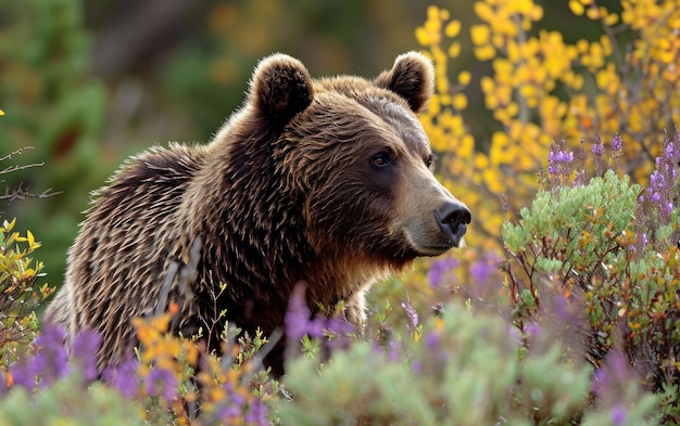 la pelliccia dell'orso grizzly si mescola perfettamente con la flora circostante
