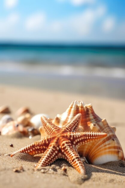 La perfetta vacanza estiva spiaggia tropicale stella marina conchiglie oceano sfocato IA generativa