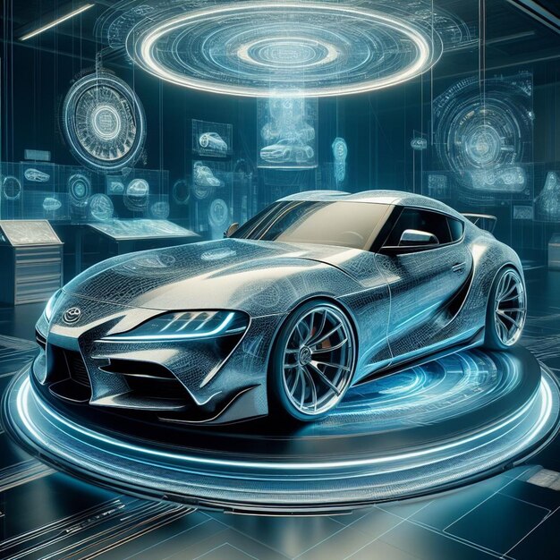 La perfezione di 3D della Toyota Supra mk5 presentata in uno showroom high-tech con il software Blender