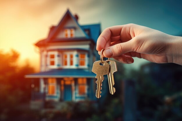 La persona detiene la chiave contro l'edificio residenziale Acquisto di una nuova casa Mercato immobiliare