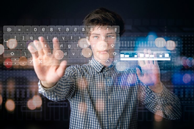 Foto la persona usa le interfacce della tastiera virtuale 3d