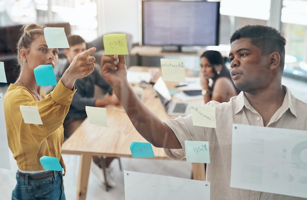 La pianificazione è importante per guidare le tue decisioni Inquadratura di un gruppo di uomini d'affari che fa brainstorming con appunti su una parete di vetro in un ufficio