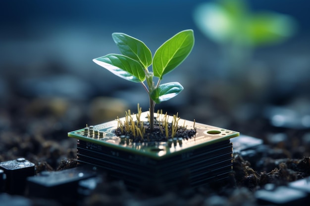 La pianta che cresce dal processore coltiva la natura, l'ecologia dell'hardware del computer, sostenibile ed ecologica