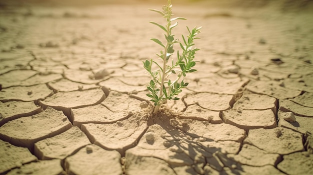 La pianta del deserto prospera su un terreno arido e fratturato in una giornata afosa influenzata dal cambiamento climatico IA generativa