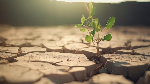 La pianta del deserto prospera su un terreno arido e fratturato in una giornata afosa influenzata dal cambiamento climatico IA generativa