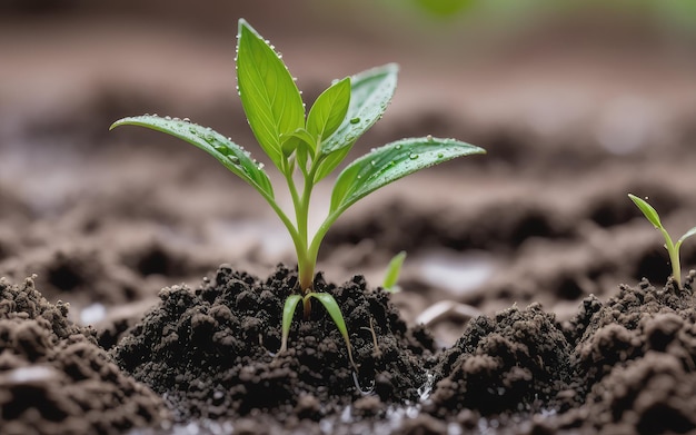 la piantina verde cresce dalla terra bagnata