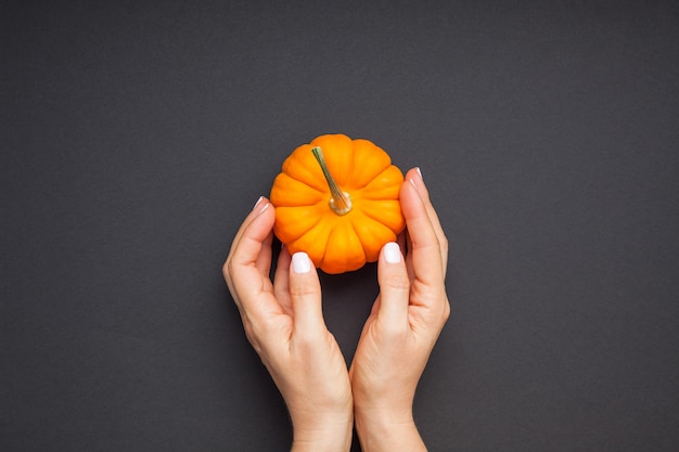 La piccola donna arancio della zucca passa il fondo nero