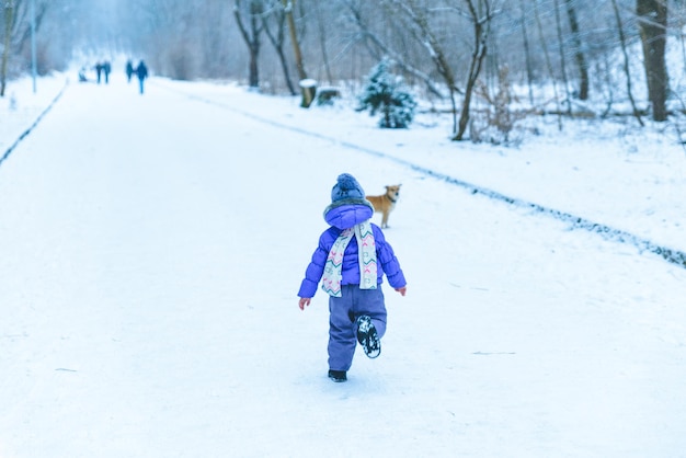 La piccola ragazza carina con la sciarpa corre dietro al cane nel parco innevato