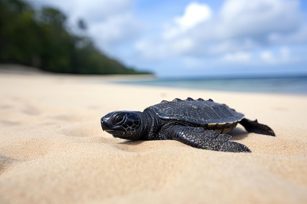 La piccola tartaruga corre sulla spiaggia sabbiosa dirigendosi verso l'oceano creato con l'intelligenza artificiale generativa