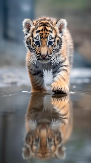 La piccola tigre cammina attraverso il riflesso della pozzanghera