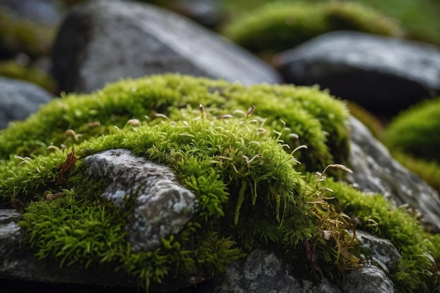 La pietra della foresta coperta di muschio in una luce morbida