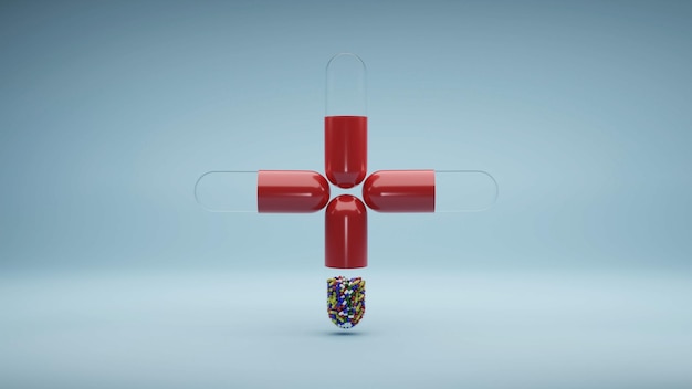 La pillola della capsula della medicina levita nell'aria sembra un segno più rosso o una croce rossa e trasparente con l'illustrazione del rendering 3D delle capsule interne
