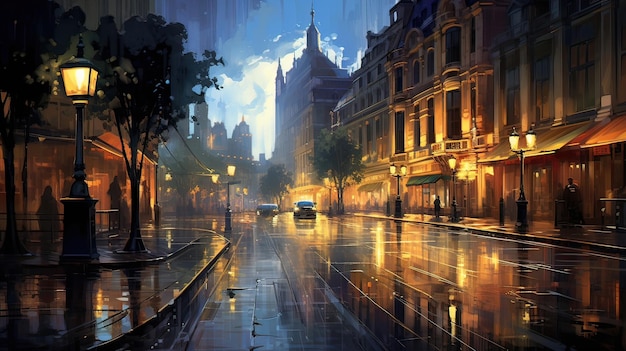 La pioggerellina dipinge le strade della città con pozzanghere che rispecchiano il mondo circostante offrendo uno sguardo sul carattere della città mentre le gocce di pioggia compongono delicatamente una melodia rilassante Generato da AI