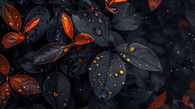 La pioggia di mezzanotte sul fogliame di fuoco Un'immagine vivamente contrastante che cattura l'essenza delle gocce di pioggia sulle foglie scure con sfumature arancione di fuoco che evocano una scena misteriosa e incantevole della natura