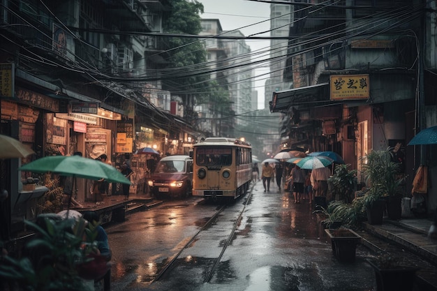 La pioggia urbana rifletteva i colori delle persone che si precipitavano e le strade bagnate generativa IA