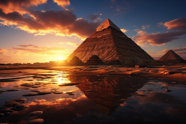 La piramide si erge contro un vivace tramonto nel deserto