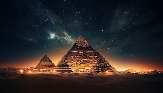 La piramide si illumina su una luna piena Angolo ultra grandangolare Fotografia commerciale per annunci turistici