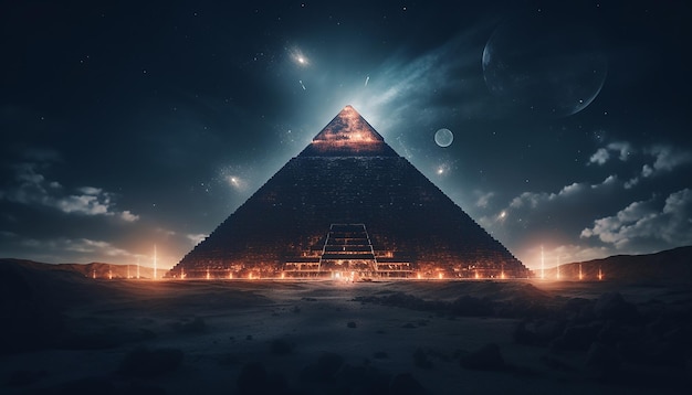 La piramide si illumina su una luna piena Angolo ultra grandangolare Fotografia commerciale per annunci turistici