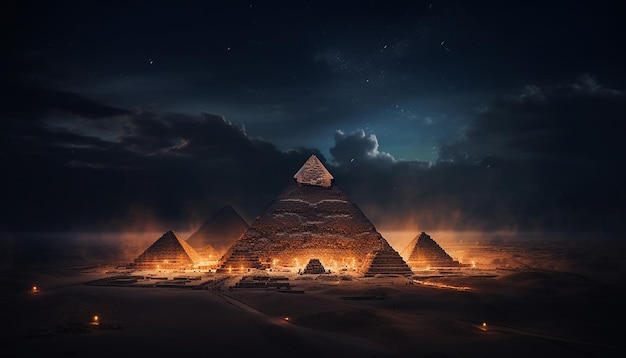 La piramide si illumina su una luna piena Angolo ultra grandangolare Fotografia commerciale per annunci turistici