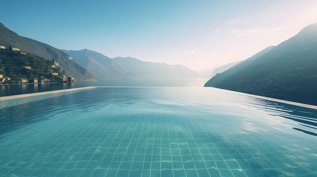 La piscina a sfioro di una villa con le montagne sullo sfondo