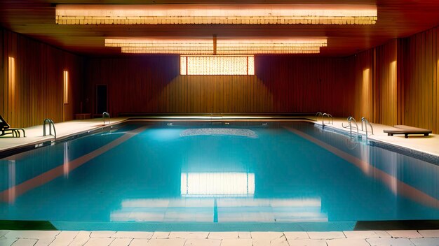 La piscina all'interno dell'hotel è illuminata da luci e soffitto in legno.
