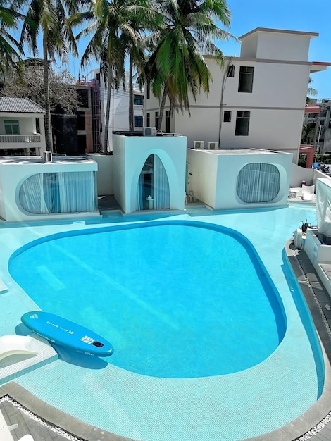 La piscina dell'hotel è circondata da palme.